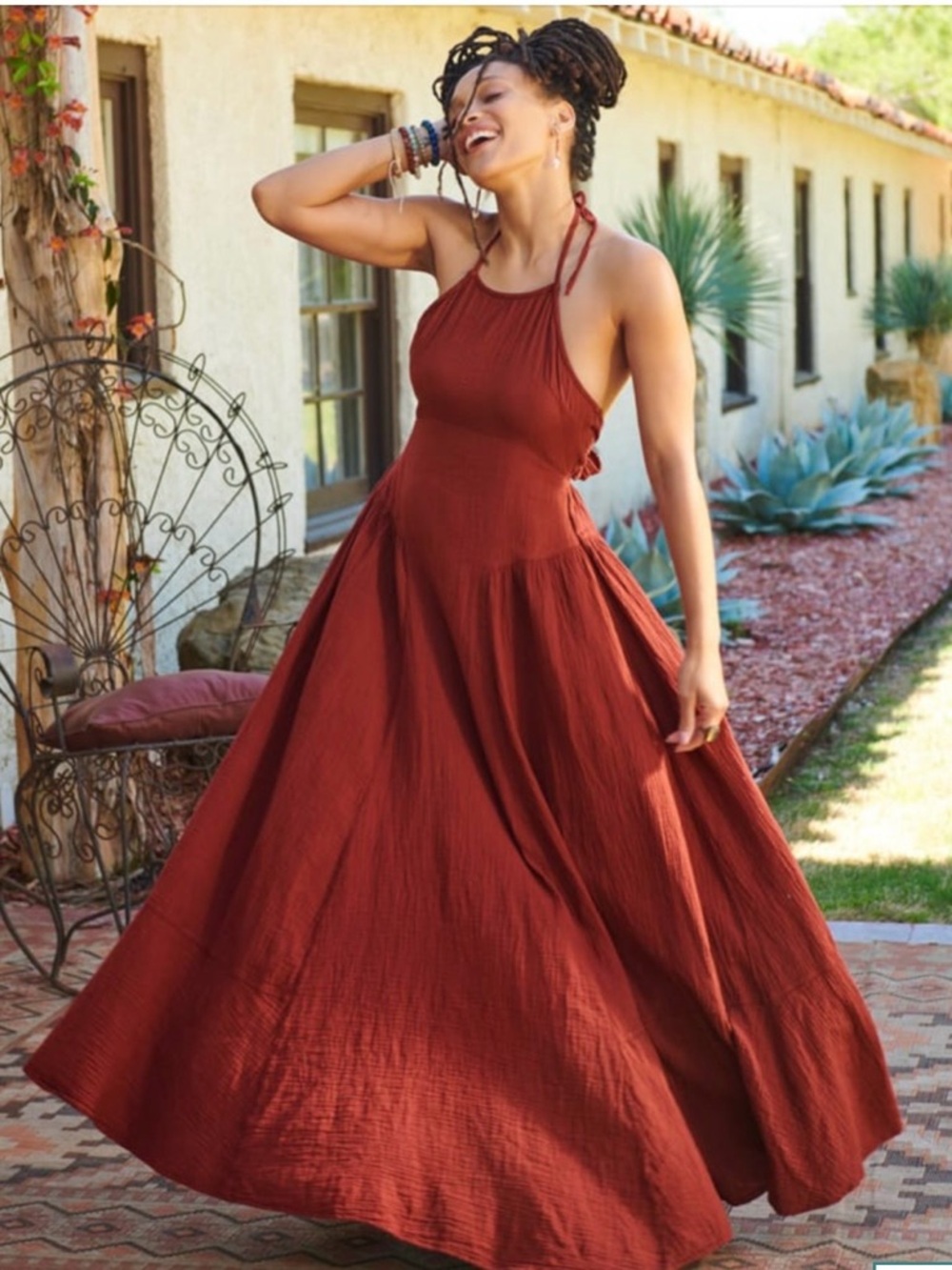 EARTHBOUND Burnt Red Halter Maxi Dress